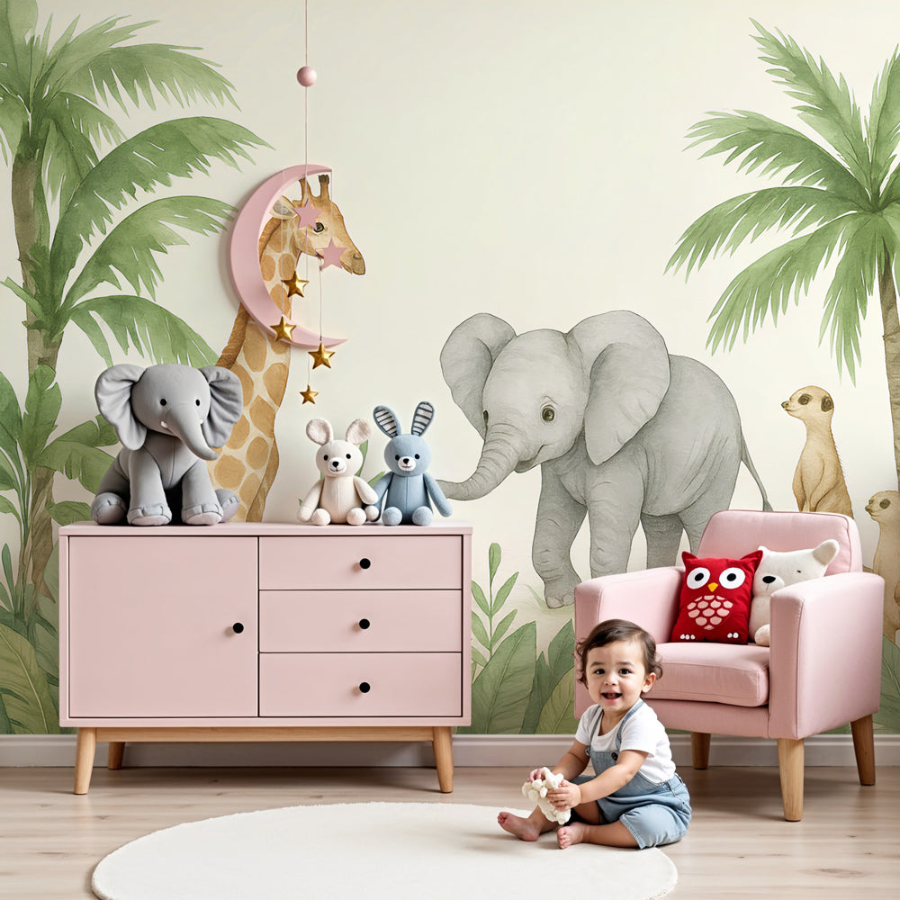 Safari animals mural wallpaper featuring elephants and giraffes in modern nursery by Kids-Mundo