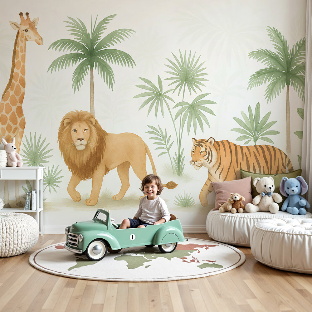Safari animals mural wallpaper with giraffe, lion and tiger in modern nursery by Kids-Mundo