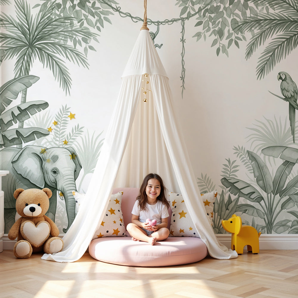 Safari animals mural wallpaper with elephant and monkey in modern nursery room by Kids-Mundo