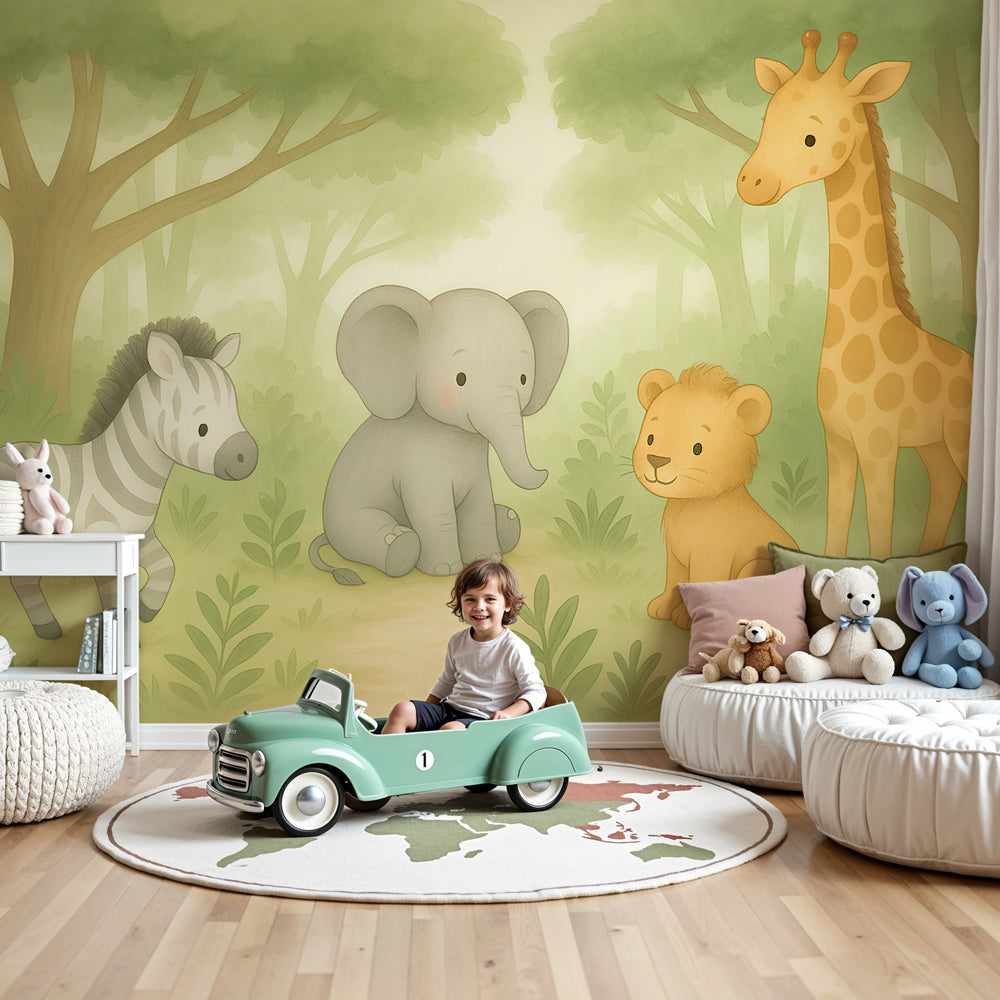 Safari animals mural wallpaper in modern nursery with elephant, lion, giraffe and zebra by Kids-Mundo