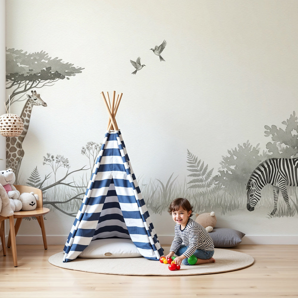 Safari animals mural wallpaper with giraffe and zebra in modern nursery by Kids-Mundo