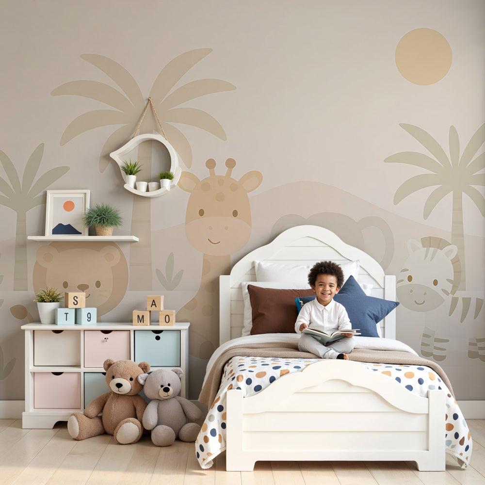 Safari animals mural wallpaper in soft pink nursery with cute savanna creatures by Kids-Mundo