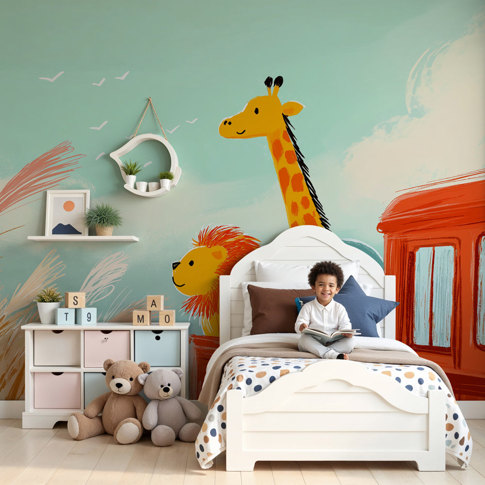 Safari animals mural wallpaper in modern nursery with wooden crib and colorful decor by Kids-Mundo