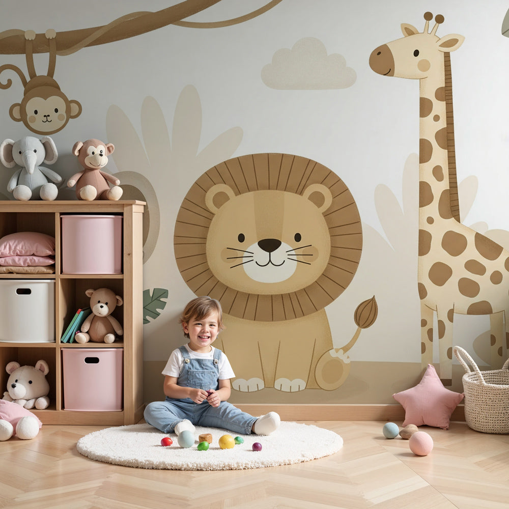 Safari animals mural wallpaper with lion elephant giraffe in peaceful nursery setting by Kids-Mundo