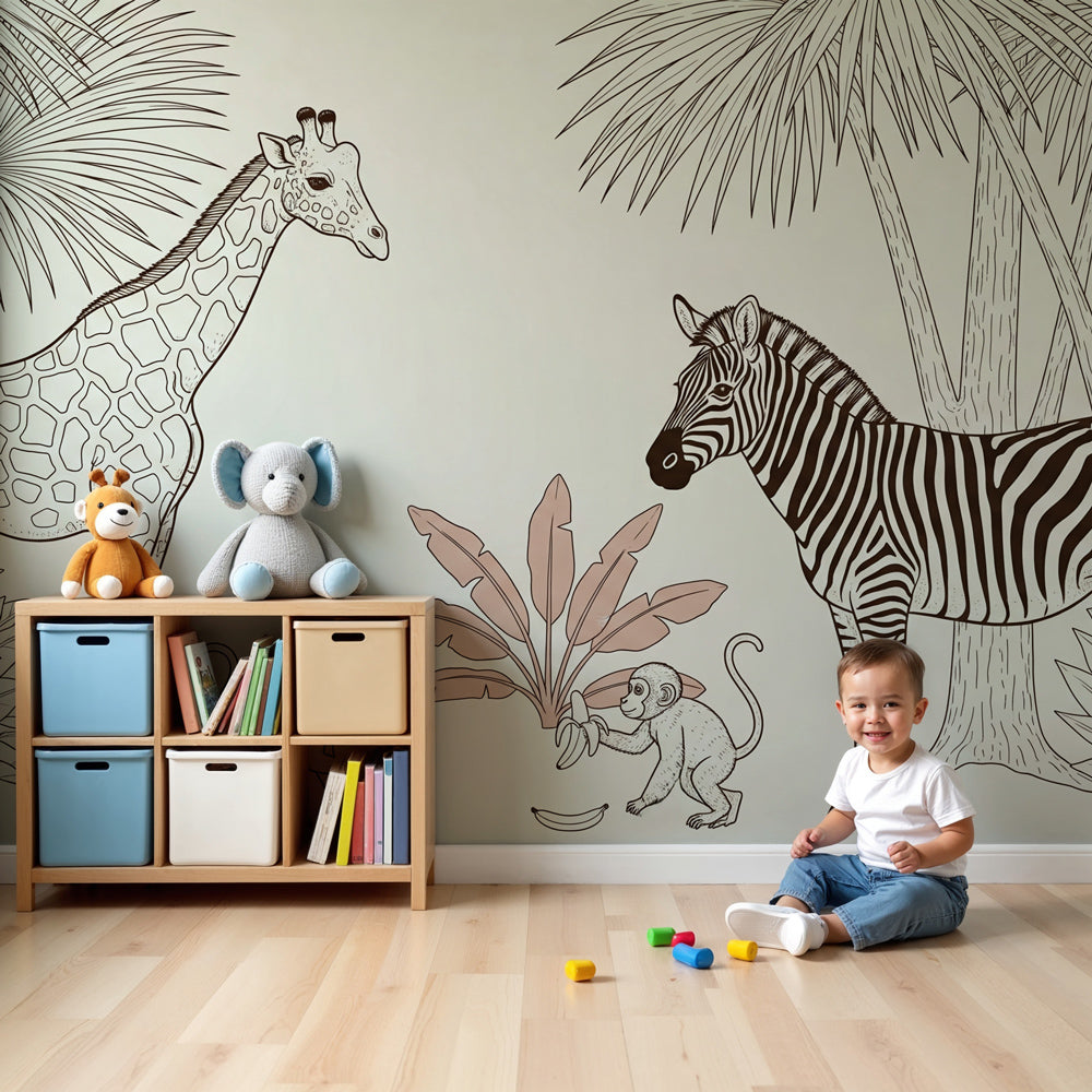 Safari animals mural wallpaper with giraffe and zebra in modern nursery by Kids-Mundo