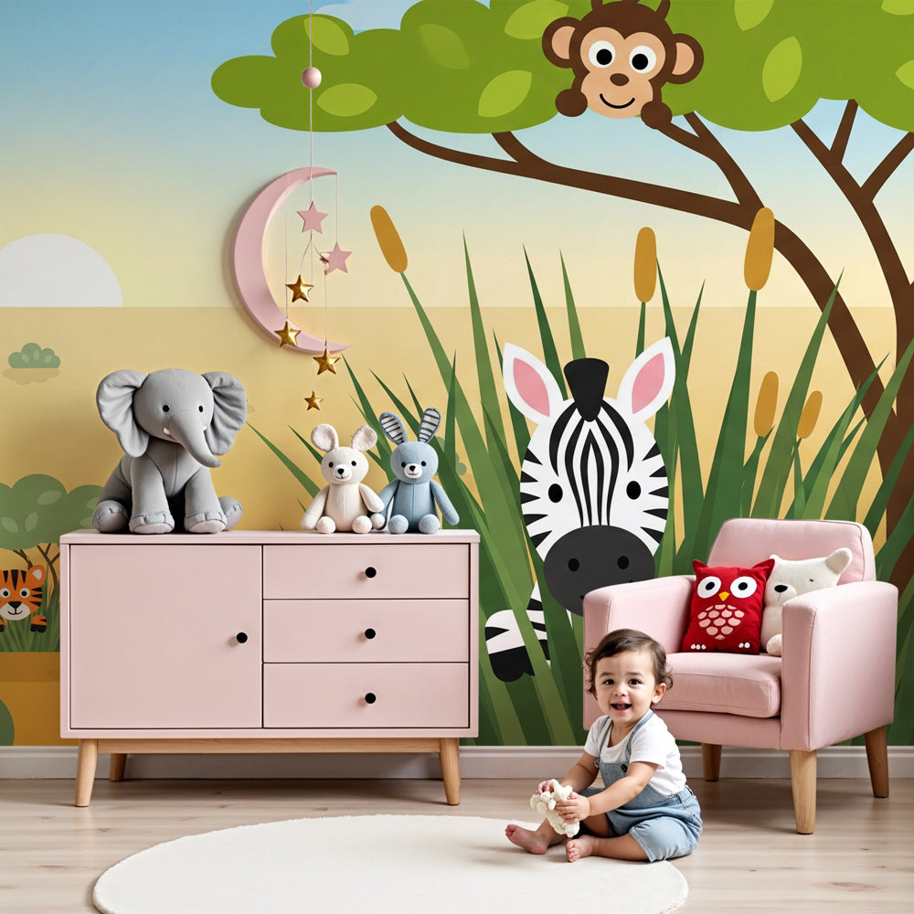 Safari animals mural wallpaper with zebra and tiger creating wild adventure in modern kids nursery by Kids-Mundo