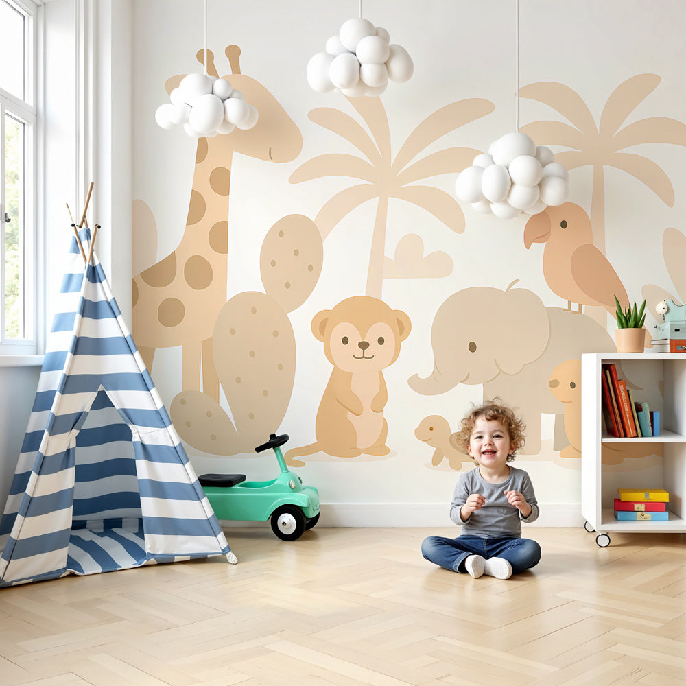 Safari animals mural wallpaper in modern nursery with natural wood furniture by Kids-Mundo
