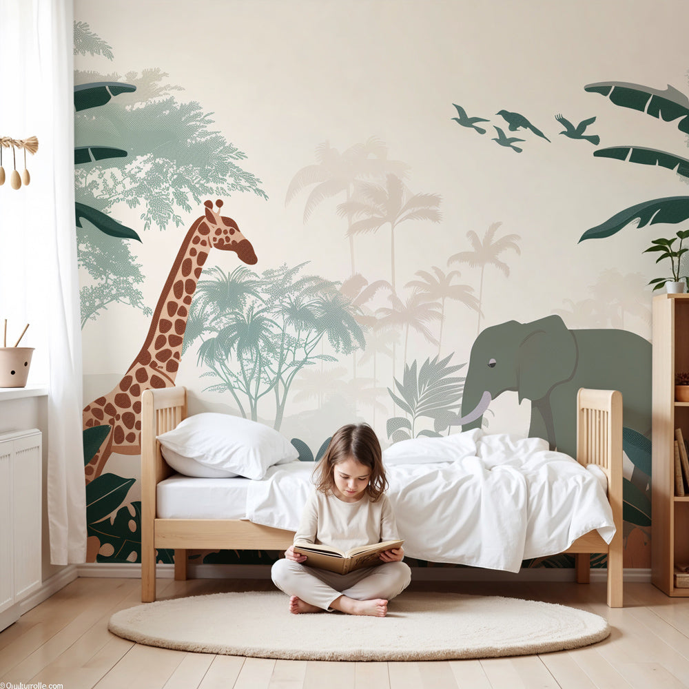 Safari animals mural wallpaper with giraffe and elephant in modern nursery by Kids-Mundo
