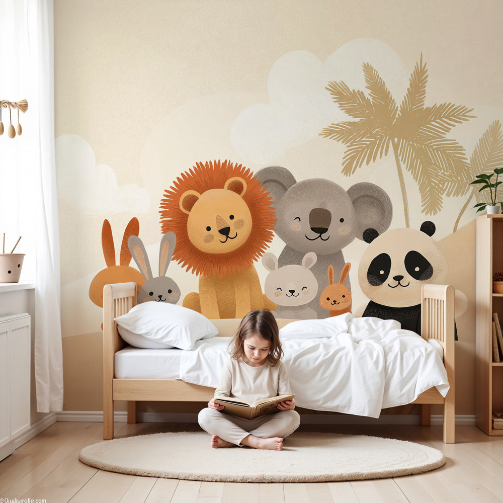 Safari animals mural wallpaper creating magical nursery decor with lion, panda and koala by Kids-Mundo
