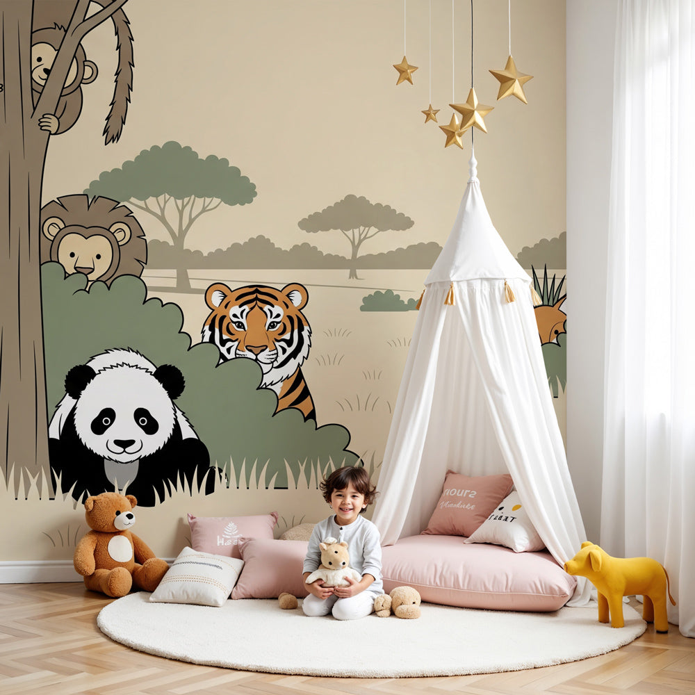 Safari animals mural wallpaper in modern nursery with wooden crib and natural decor by Kids-Mundo