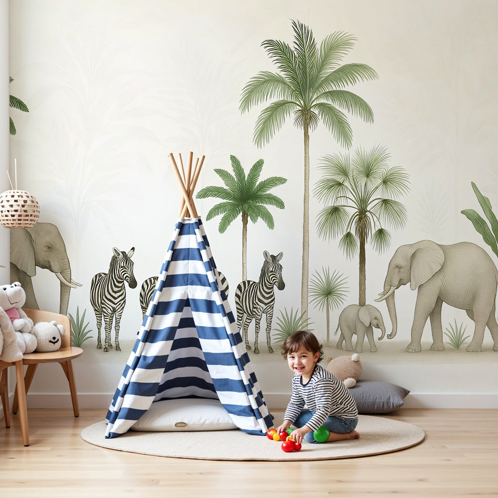 Safari animals mural wallpaper with elephants and zebras in modern nursery by Kids-Mundo