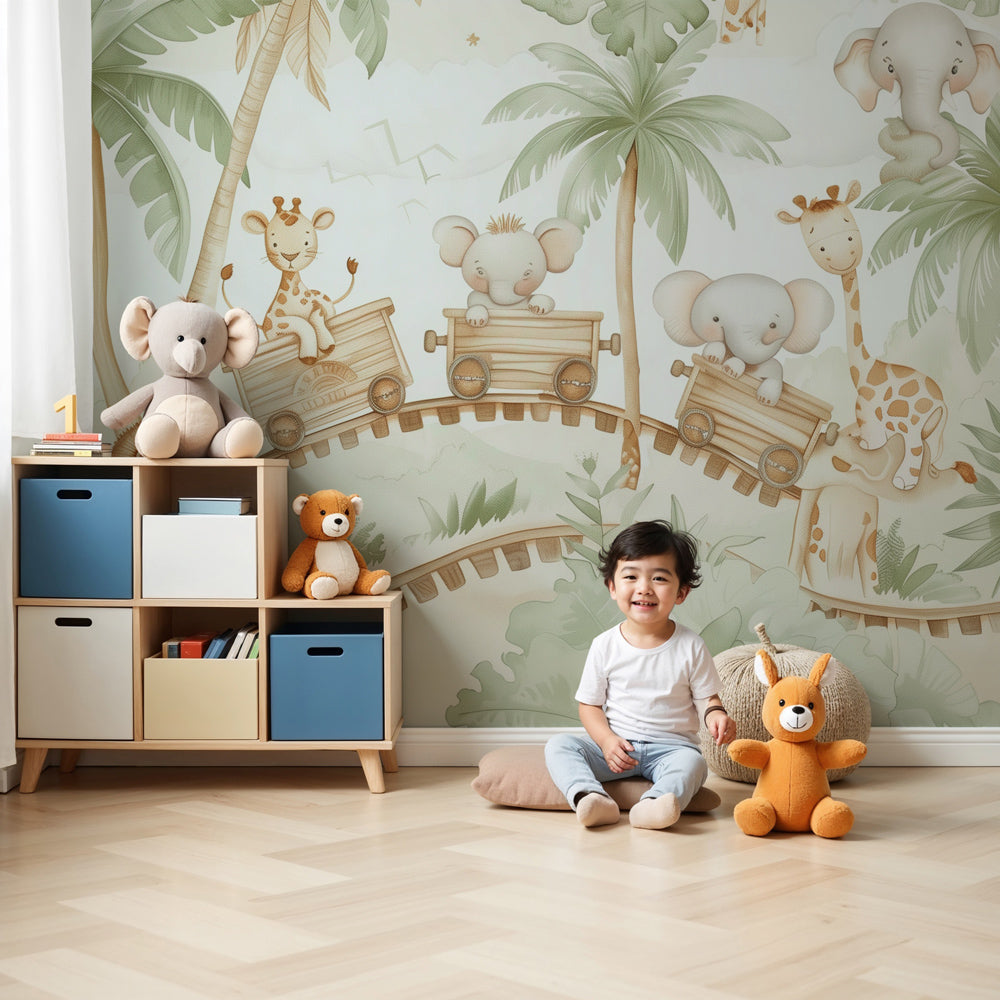 Safari animals mural wallpaper transforming modern nursery with exotic jungle theme by Kids-Mundo