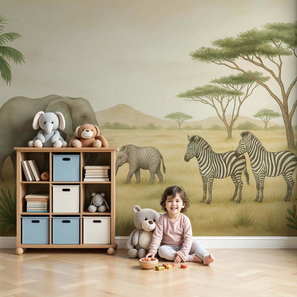 Safari animals mural wallpaper with elephants and zebras in modern nursery by Kids-Mundo