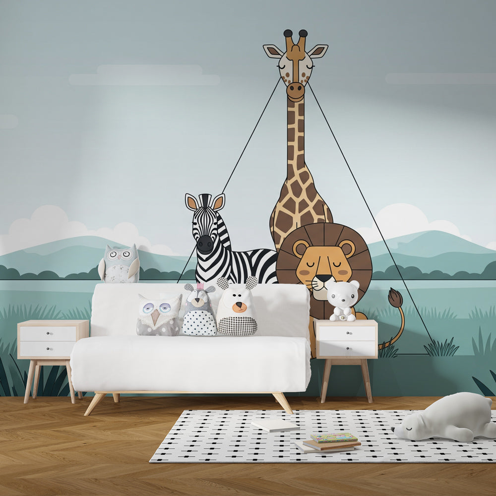 Peaceful savanna wallpaper creating serene atmosphere in baby bedroom with soft lighting