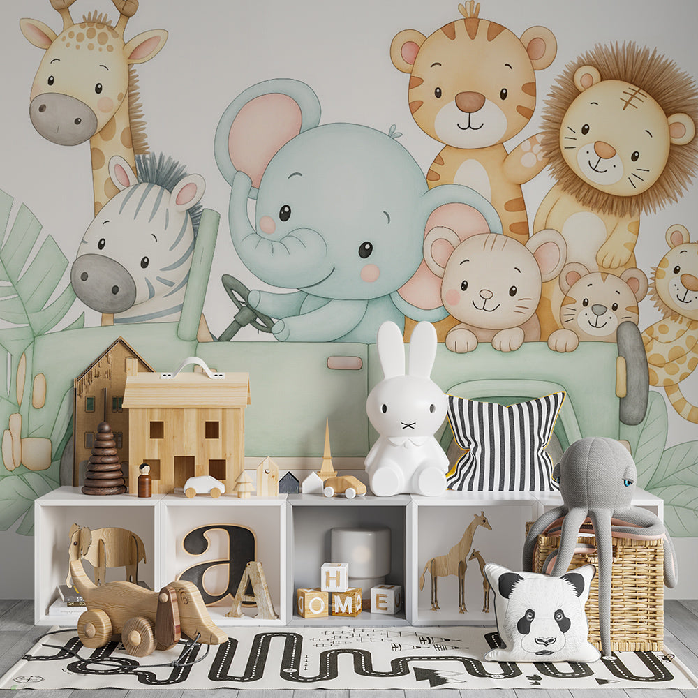 Adventure car safari wallpaper creating playful atmosphere in children's playroom interior