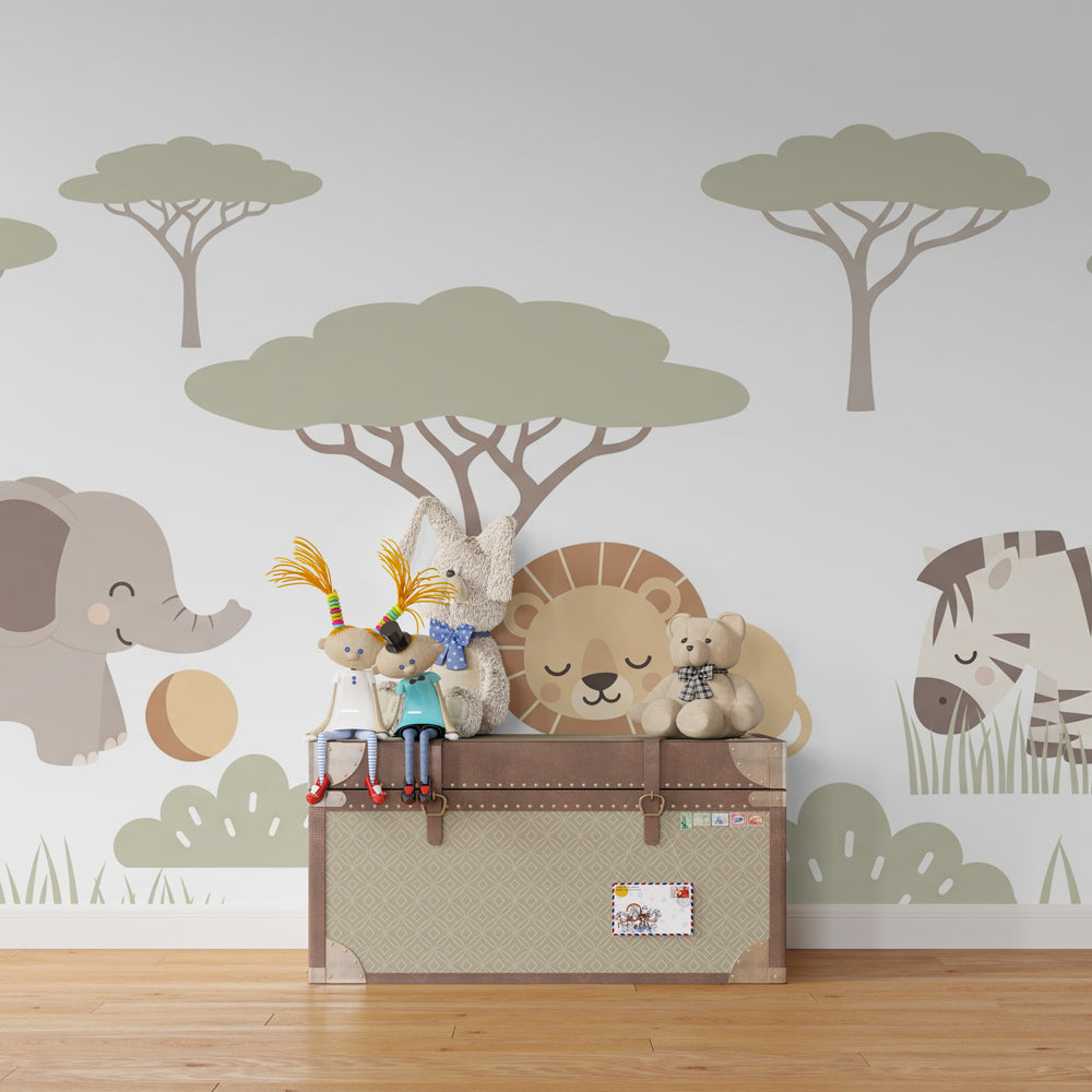 Wildlife mural wallpaper creating calm safari adventure theme in children's bedroom