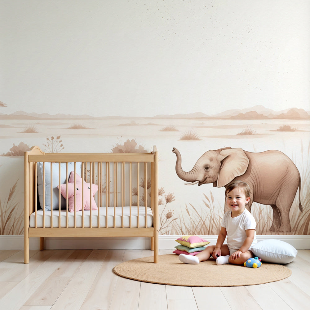 Safari elephant mural wallpaper creating serene nursery atmosphere with natural wood furniture by Kids-Mundo