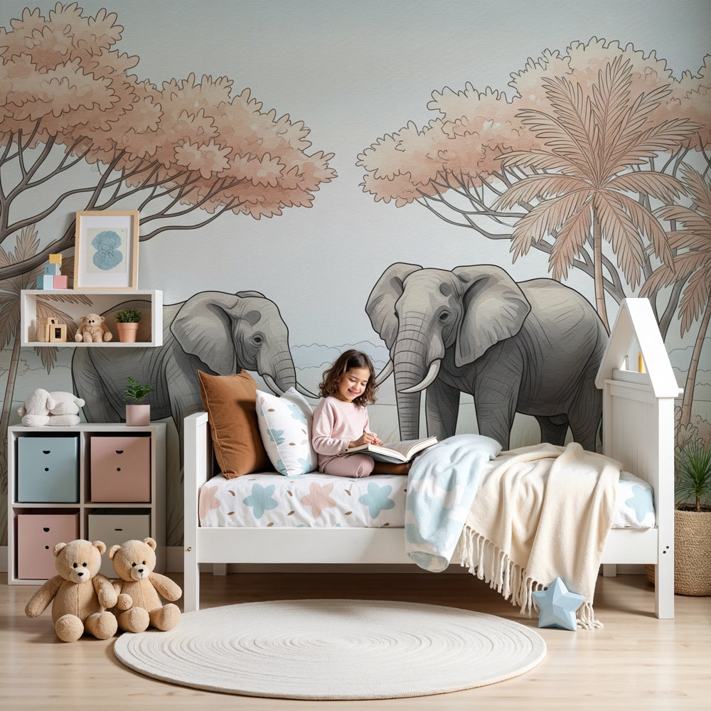 Safari elephant mural wallpaper creating serene nursery decor with beige and pink savanna theme by Kids-Mundo