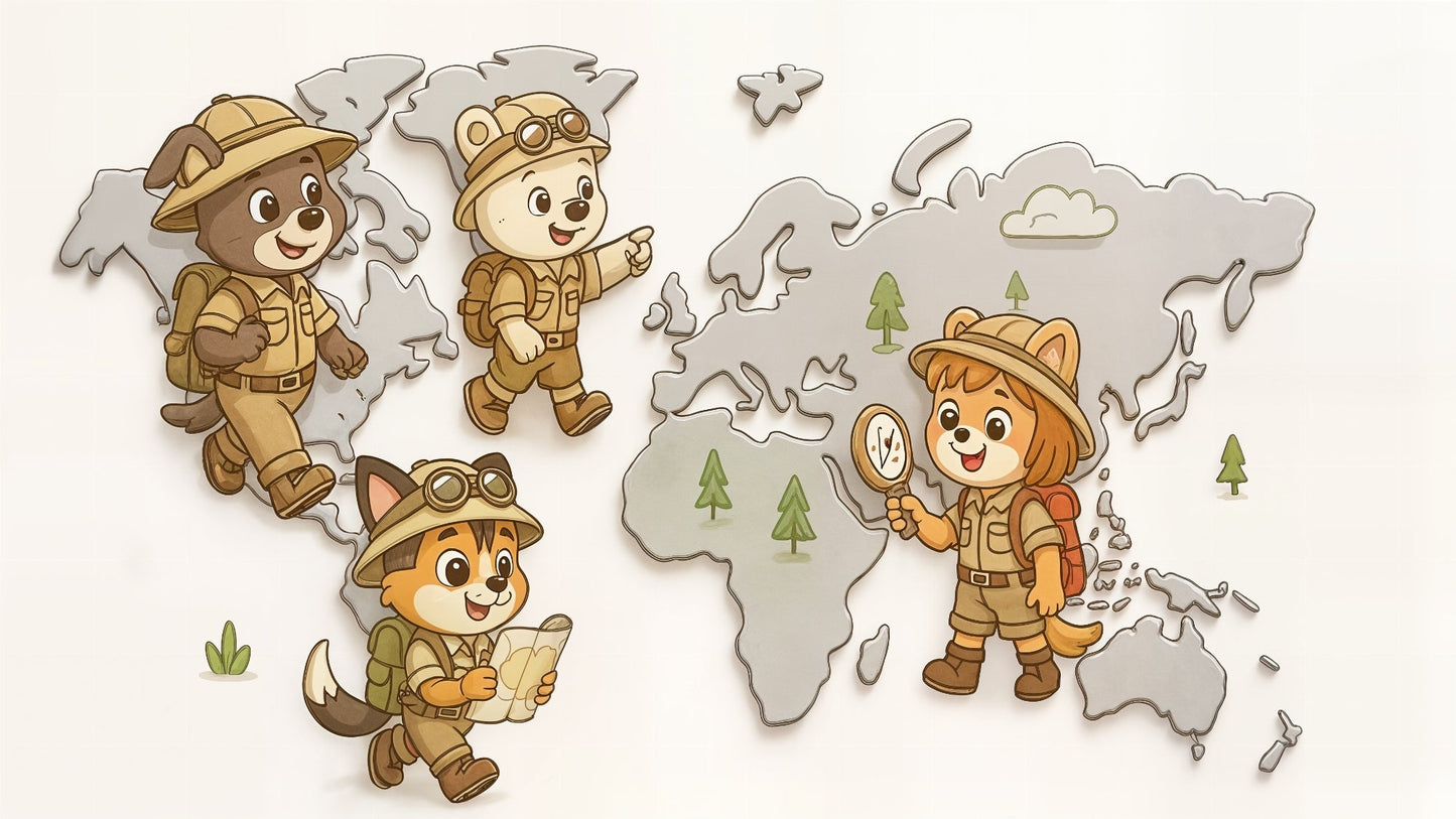 Detailed safari explorer animals mural wallpaper design pattern with adventure characters by Kids-Mundo