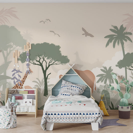 Kids-Mundo safari wall mural with giraffe and elephant covering a feature wall in a child's bedroom.