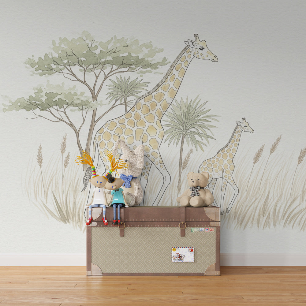 Gentle savanna giraffe wallpaper in modern kids bedroom with wooden furniture and soft lighting