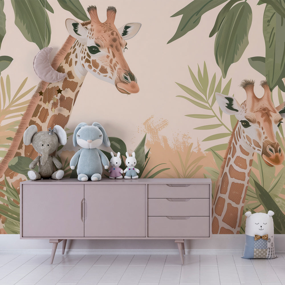 Tropical giraffe wallpaper transforming children's bedroom into African safari adventure space
