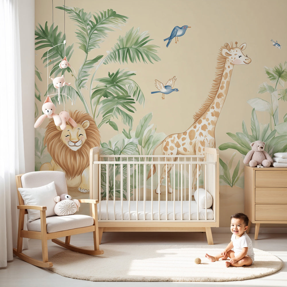 Safari jungle mural wallpaper with pastel animals in modern nursery room by Kids-Mundo