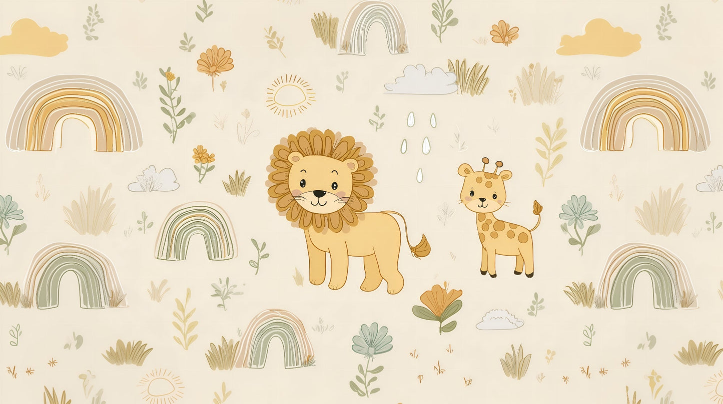 Kids-Mundo flat artwork of the safari lion and giraffe rainbow wall mural