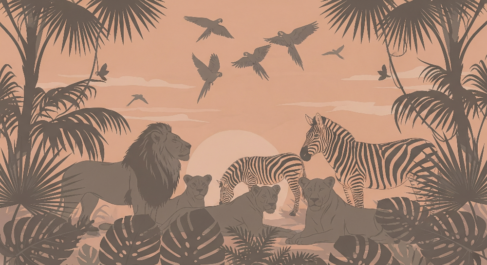Flat artwork preview of the Kids-Mundo safari lion, zebra and parrot wall mural design