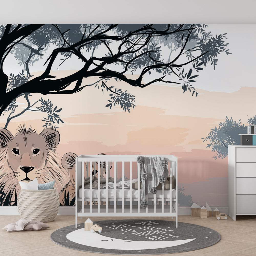 Children's safari wallpaper featuring curious lions in modern kids bedroom decor by Kids-Mundo