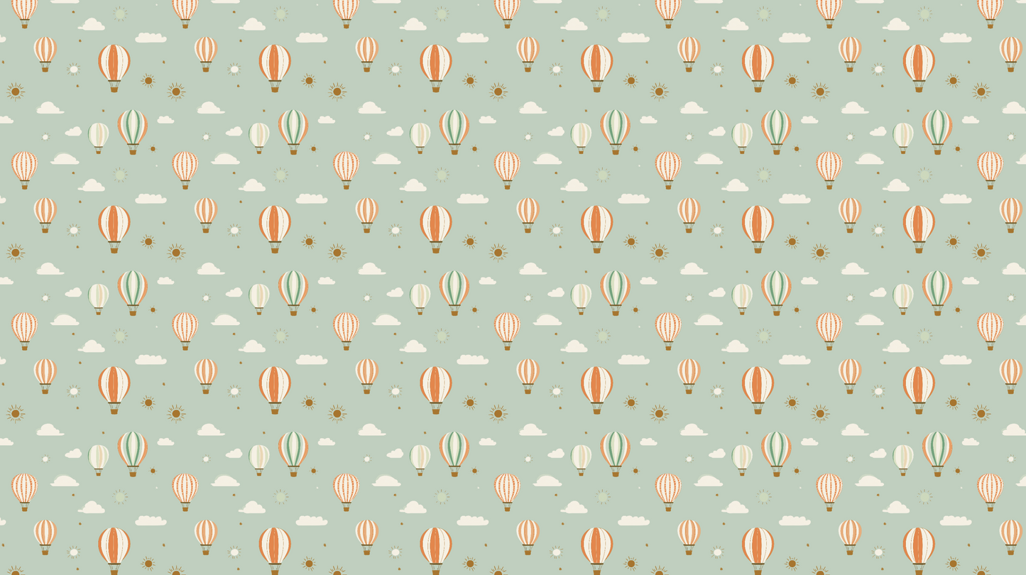 Kids-Mundo flat artwork of a repeating hot air balloon pattern on a sage green background