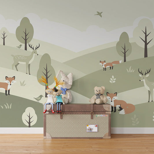 Kids-Mundo sage green woodland wall mural with fox and deer in a child's bedroom