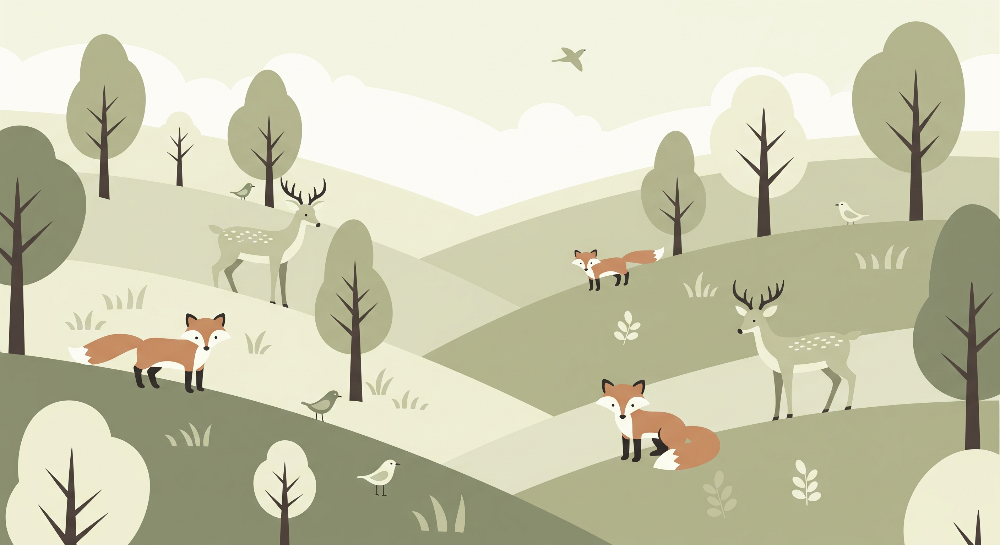 Fox and Deer in Sage Green Hills Wall Mural