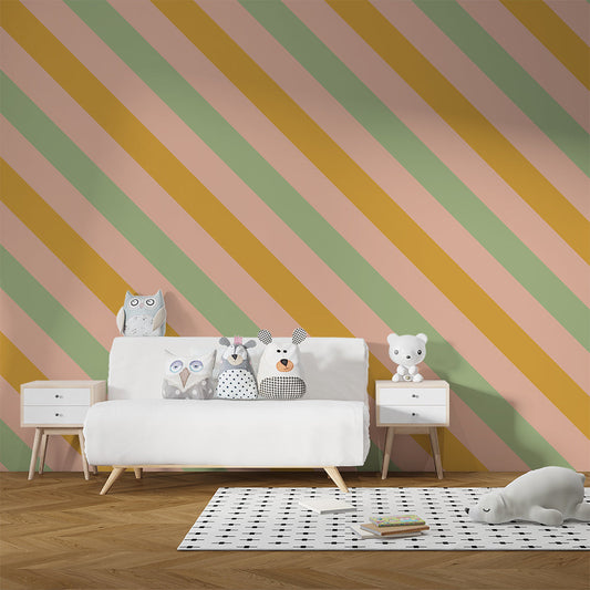 Kids-Mundo diagonal stripe wall mural covering a feature wall in a kids bedroom