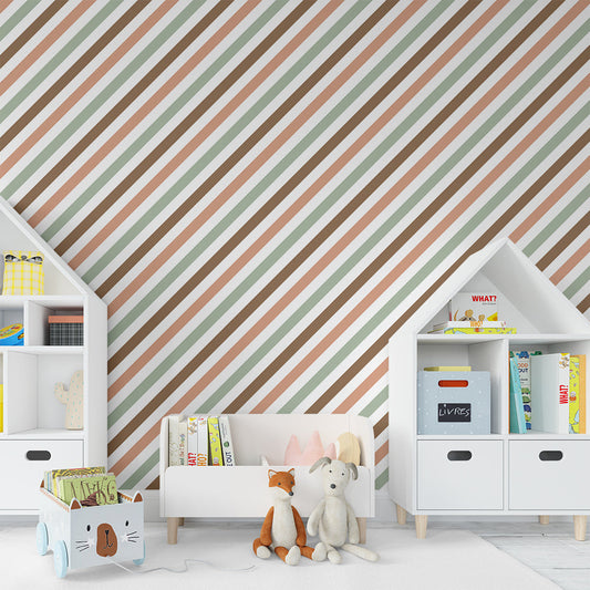 Kids-Mundo pinstripe wallpaper mural in sage and terracotta for a kids' bedroom