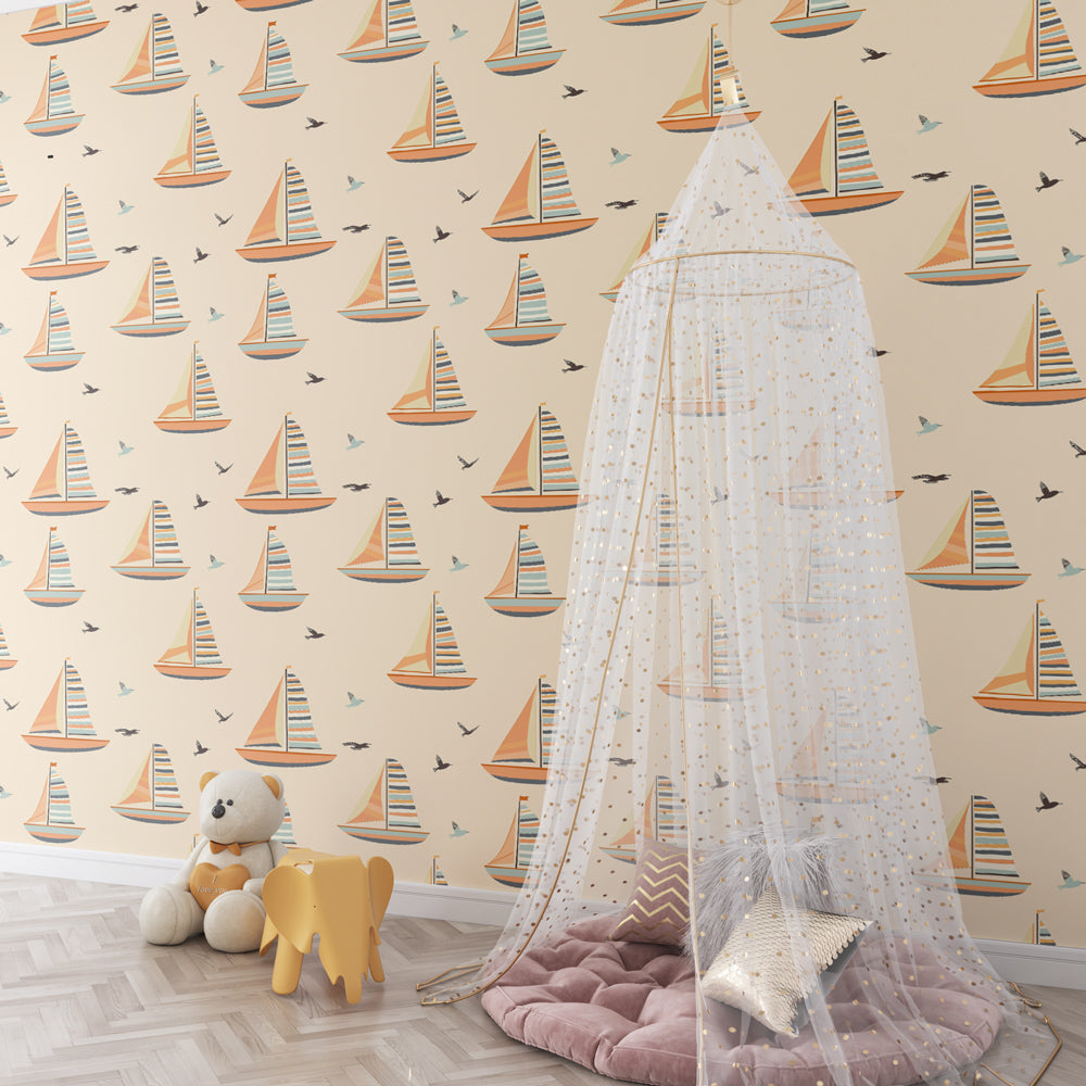 Maritime sailboat wallpaper with soft colors in modern children's bedroom setting