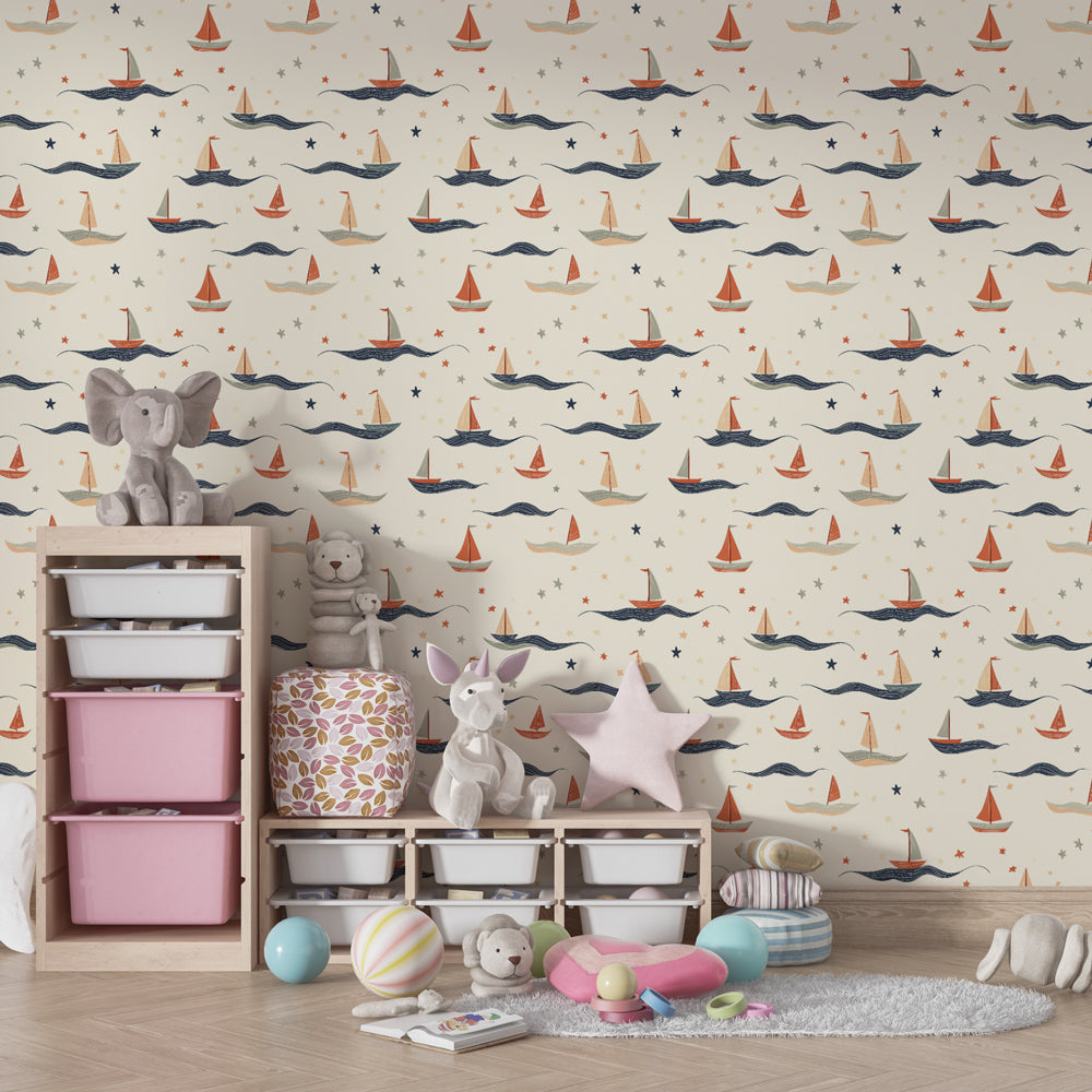 Ocean waves sailboat wallpaper creating nautical themed children's bedroom decor
