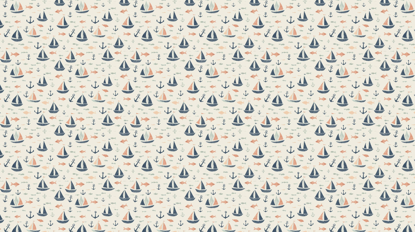 Detailed sailboat and fish mural wallpaper design pattern with coral and blue tones by Kids-Mundo