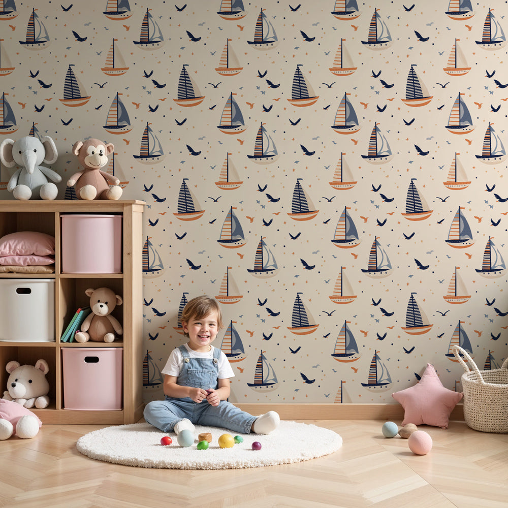 Sailboat mural wallpaper creating peaceful maritime nursery decor with beige ocean theme by Kids-Mundo
