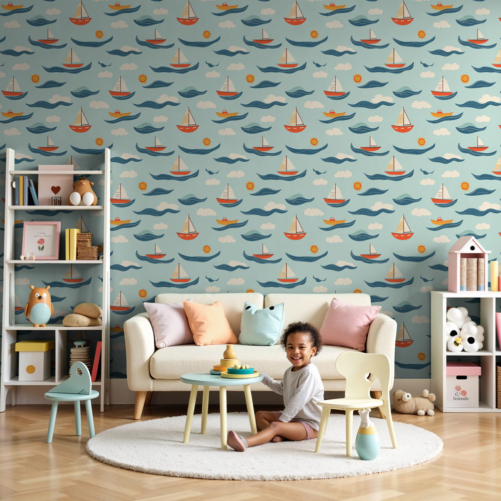 Colorful sailboat mural wallpaper creating peaceful maritime nursery decor by Kids-Mundo