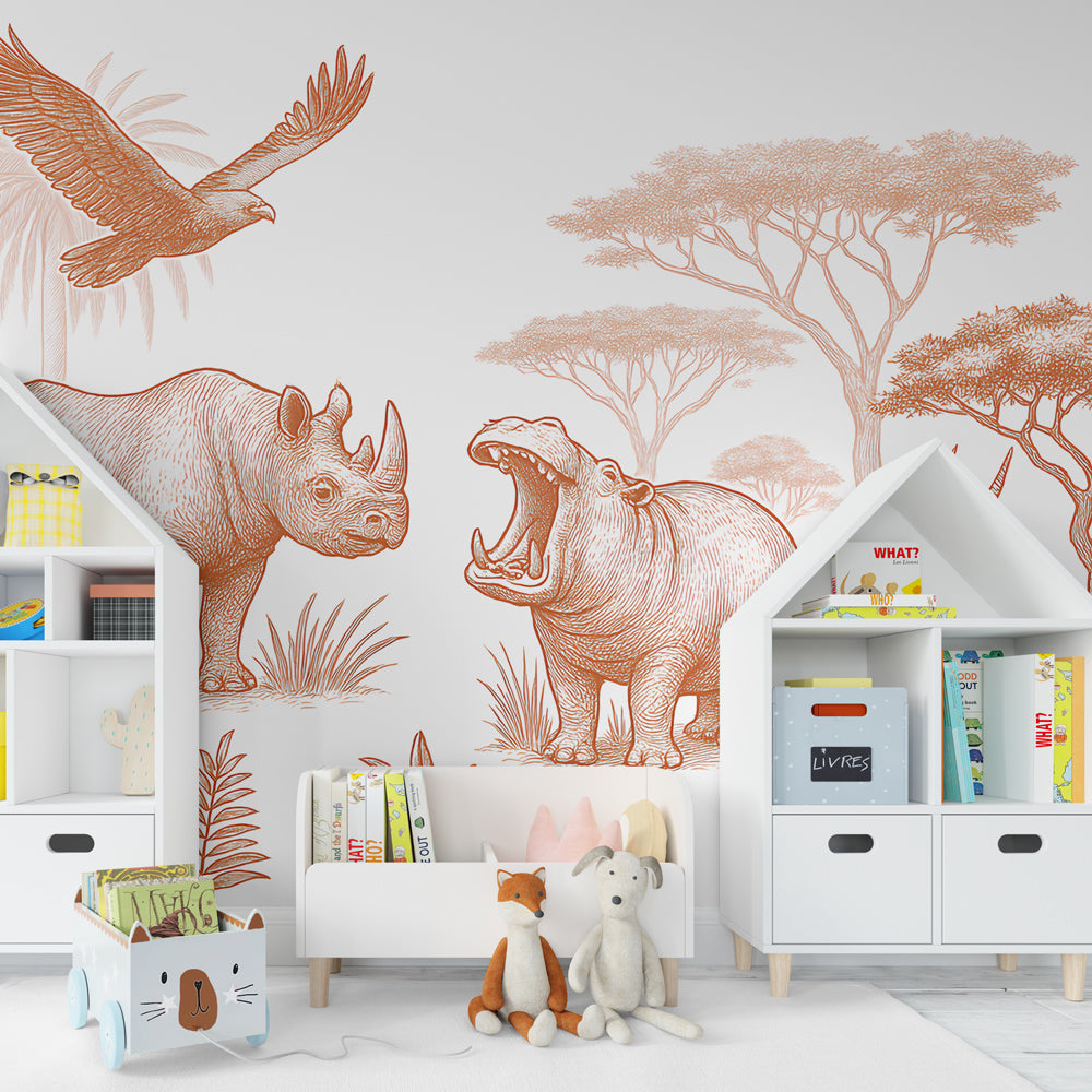 Orange safari wallpaper with African animals creating cozy children's bedroom atmosphere
