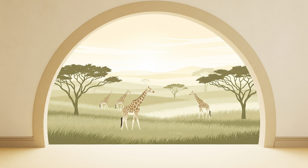 Kids-Mundo flat artwork preview of the giraffe family savanna archway wall mural design