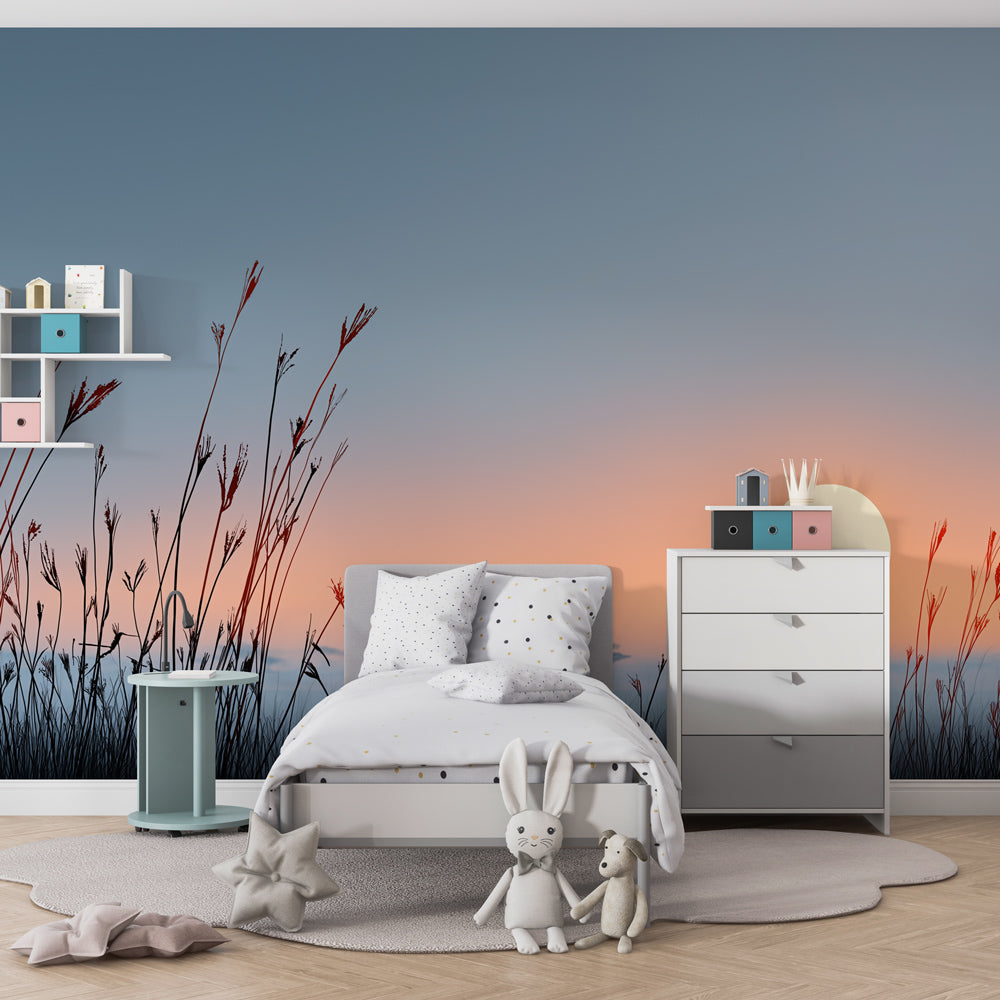 African savanna wallpaper with orange sunset colors decorating peaceful kids bedroom interior