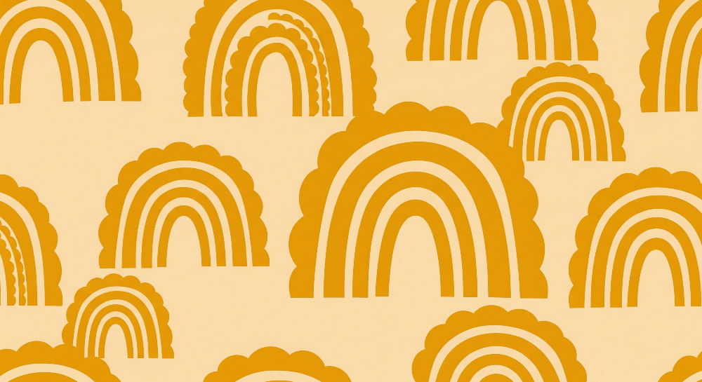Flat artwork of the Kids-Mundo mustard rainbow arches with softly scalloped cloud-like edges