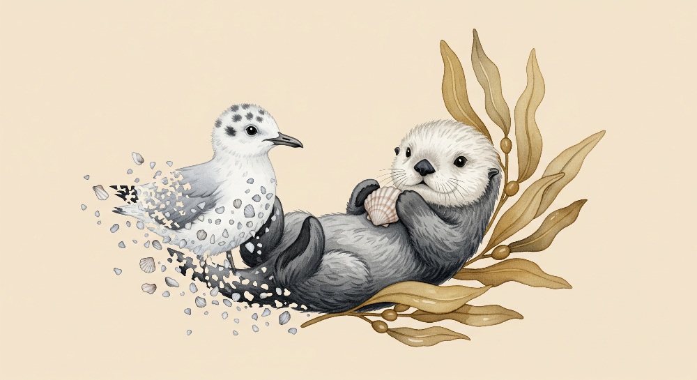 Kids-Mundo flat artwork of a sea otter holding a shell beside a little bird.