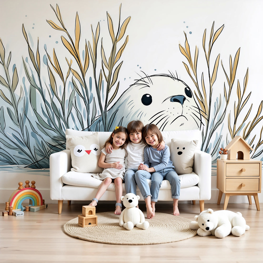 Sea otter mural wallpaper in peaceful nursery setting with marine theme decor by Kids-Mundo