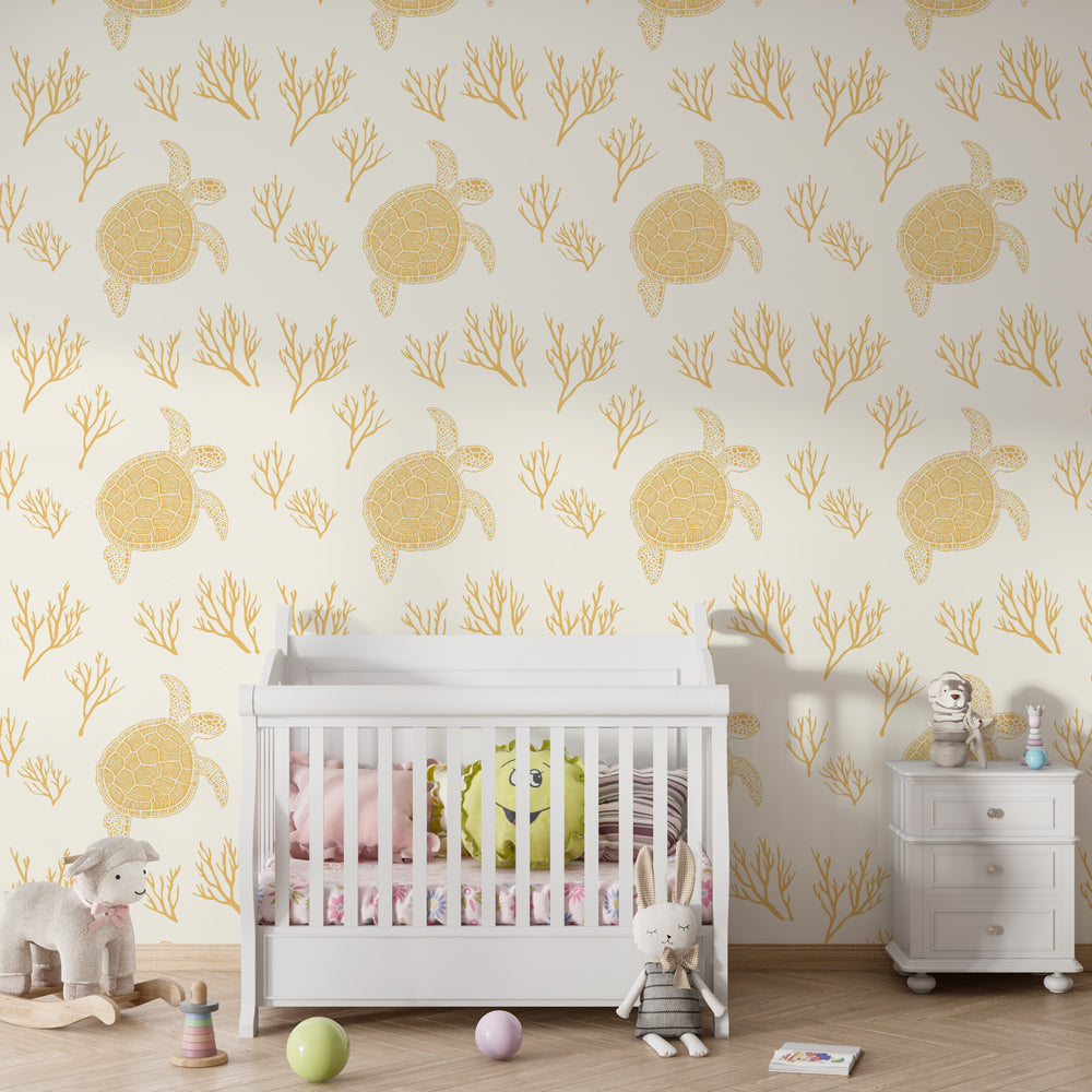 Ocean themed children's bedroom featuring sea turtle and coral mural wallpaper