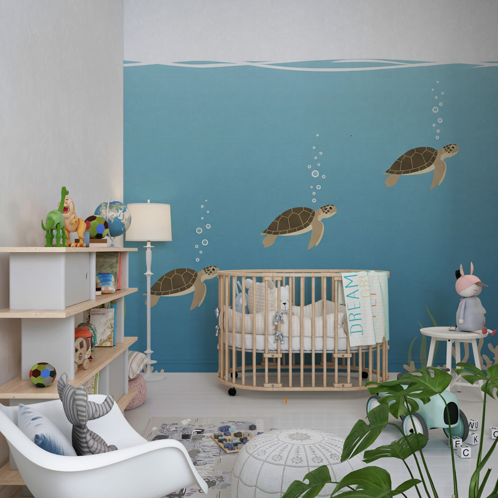 Ocean themed mural wallpaper with sea turtles for modern kids bedroom by Kids-Mundo