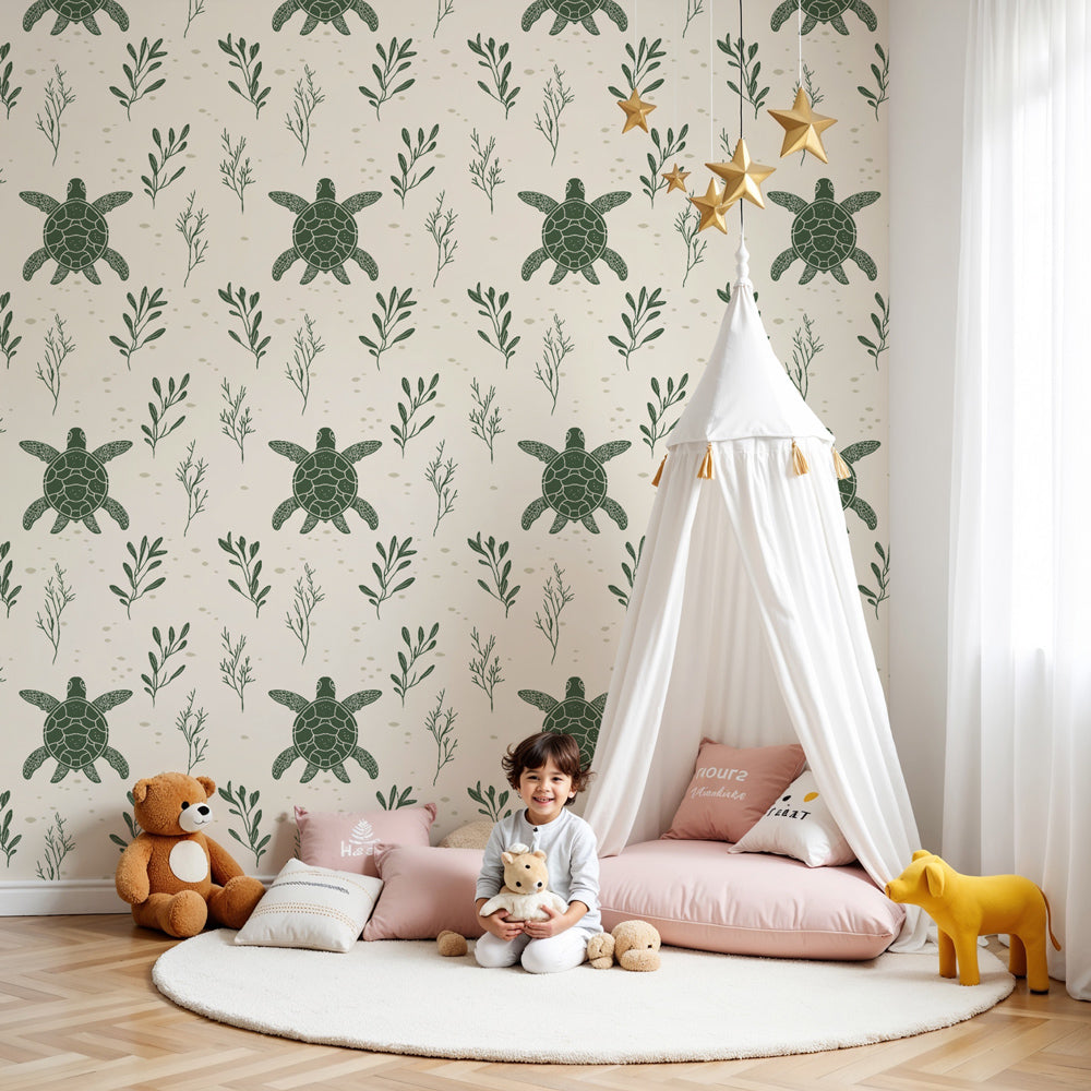 Sea turtle mural wallpaper creating peaceful underwater nursery decor by Kids-Mundo