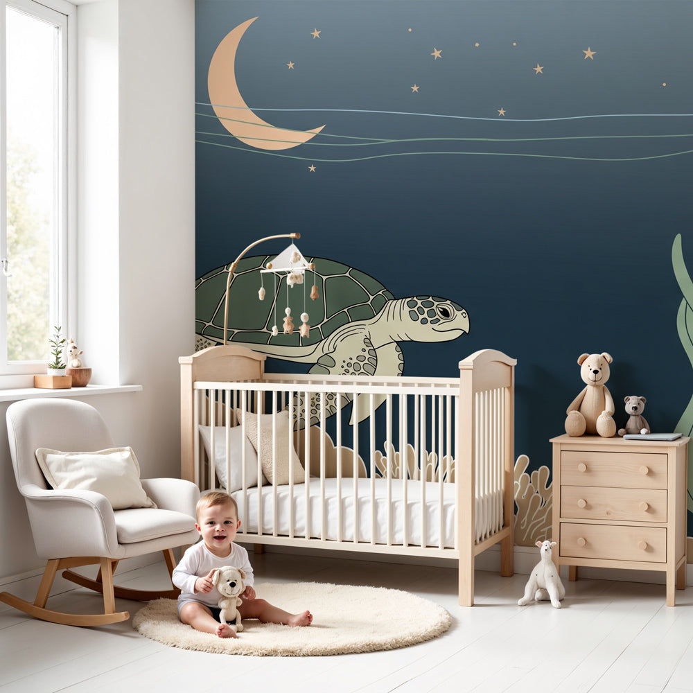 Sea turtle mural wallpaper creating serene underwater nursery decor with starry night theme by Kids-Mundo